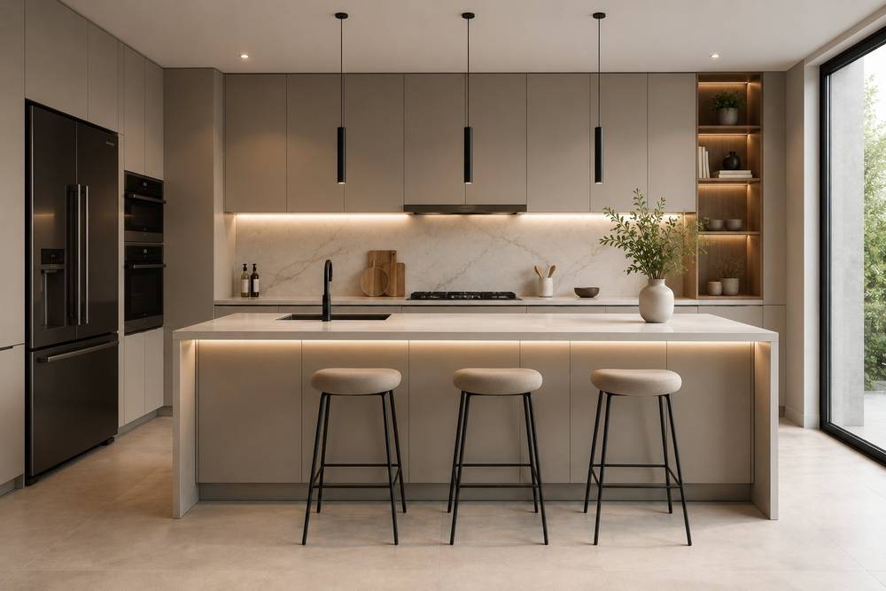 Cocina minimalista en tonos cálidos con repisas de madera