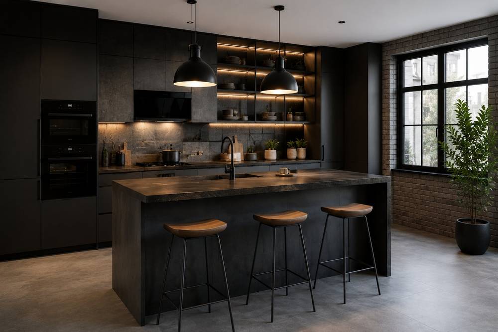 Cocina en tonos oscuros con repisas iluminadas