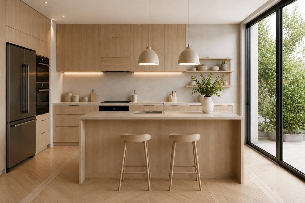 Cocina escandinava en madera clara con piso en espiga