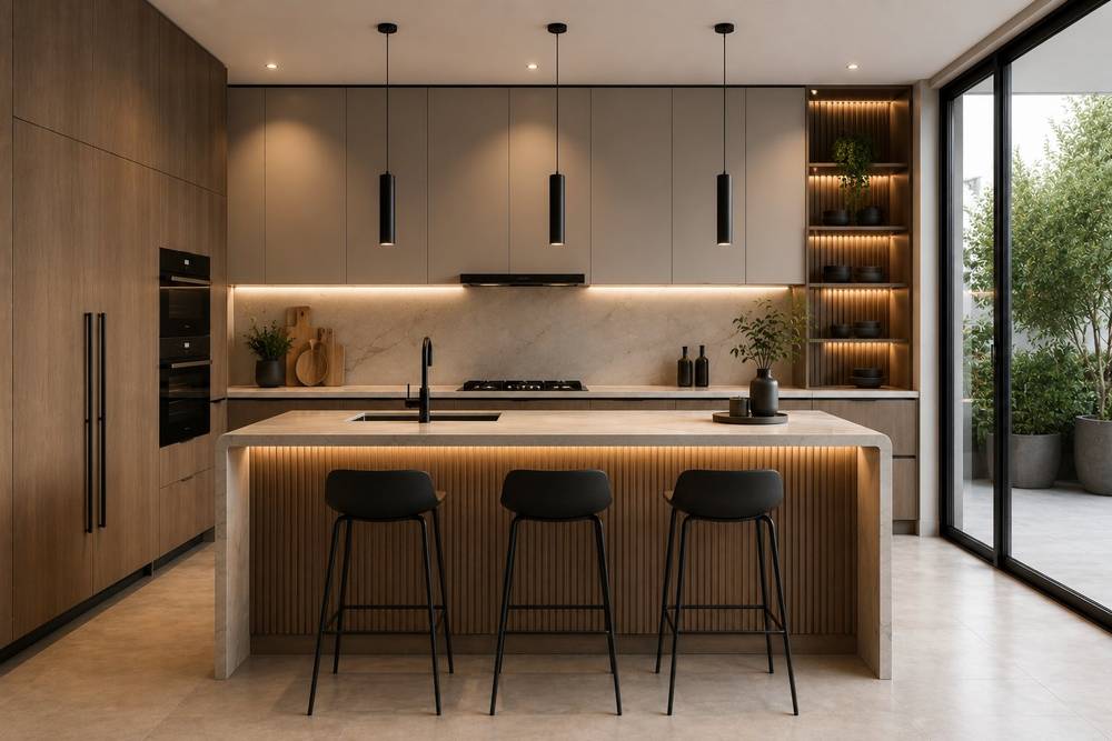Isla de cocina con frente ranurado en madera y banquetas negras