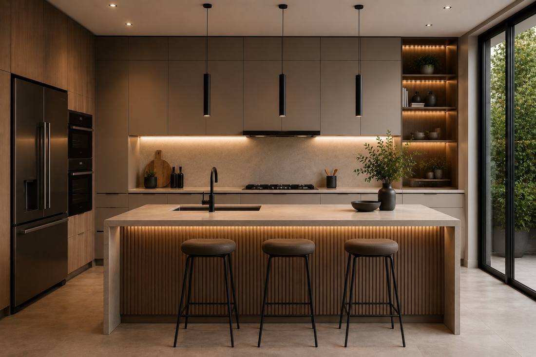 Isla de cocina en madera cálida con iluminación integrada y banquetas