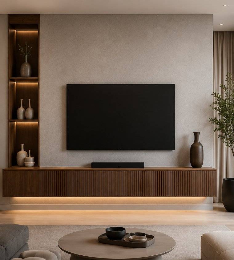 Centro de entretenimiento con mueble de TV en madera y repisas iluminadas