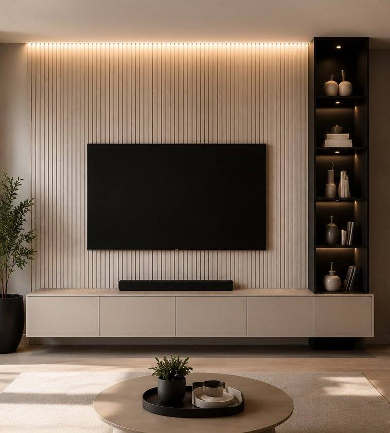 Mueble de TV flotante en madera con iluminación cálida