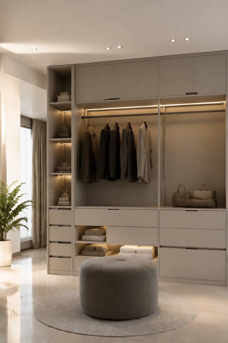 Vestidor en tonos claros con puf y repisas iluminadas