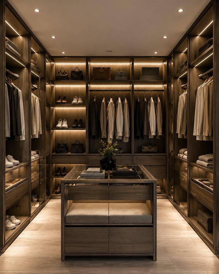 Walk-in closet en madera oscura con isla central