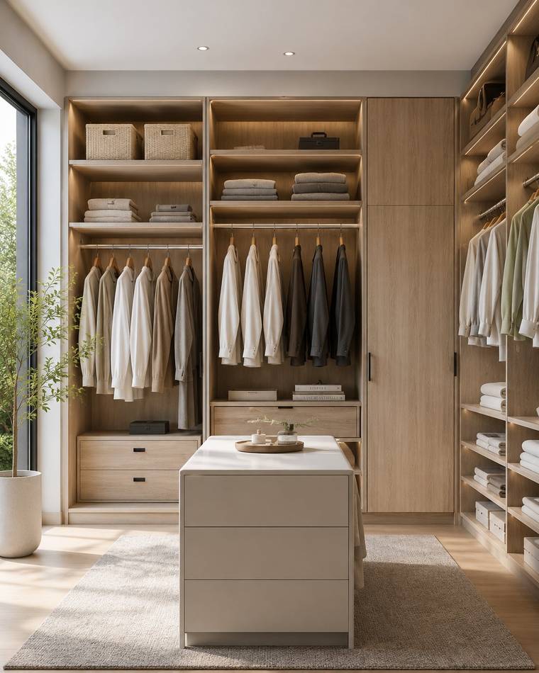 Vestidor luminoso en madera clara con isla multifuncional